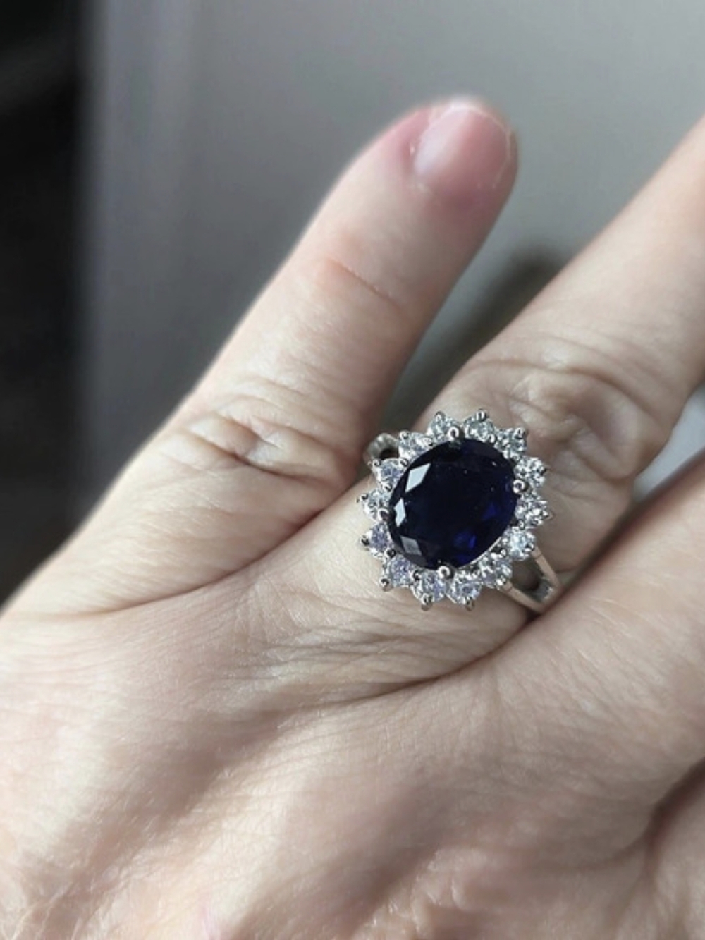 Vintage Sterling Silver Sapphire Oval Halo Ring Size 8